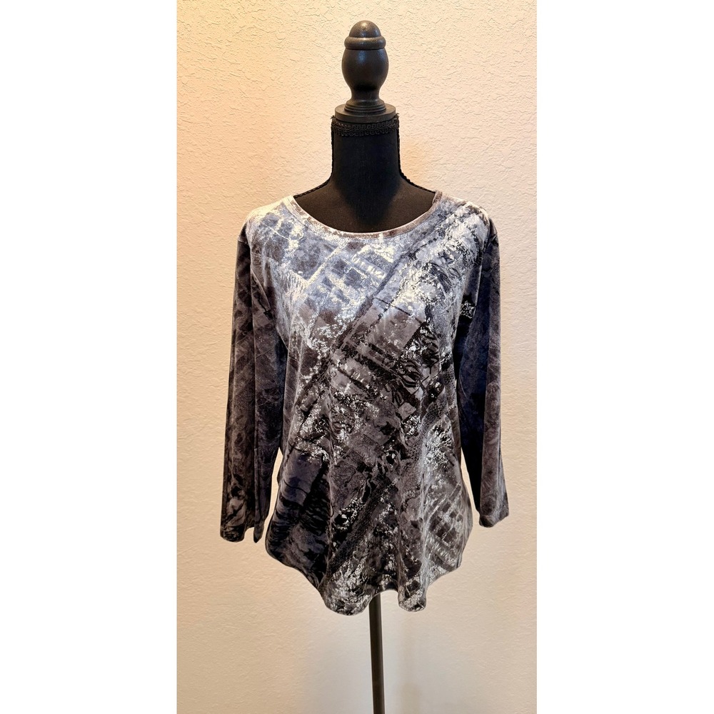 Chicos Travelers Womens Grey Abstract Burnout Velvet Long Sleeve Top Size 2 L